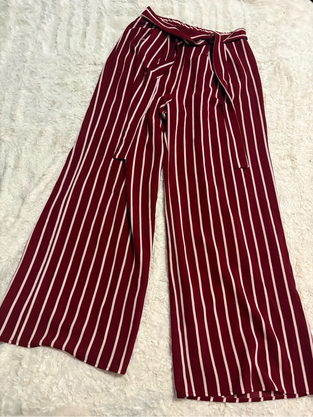 Active USA Burgundy and Cream Striped Wide-Leg Tie-Waist Pants